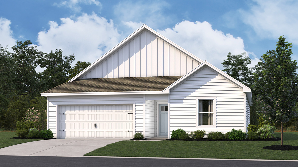 The Neuville Coastal B ranch home with white siding.