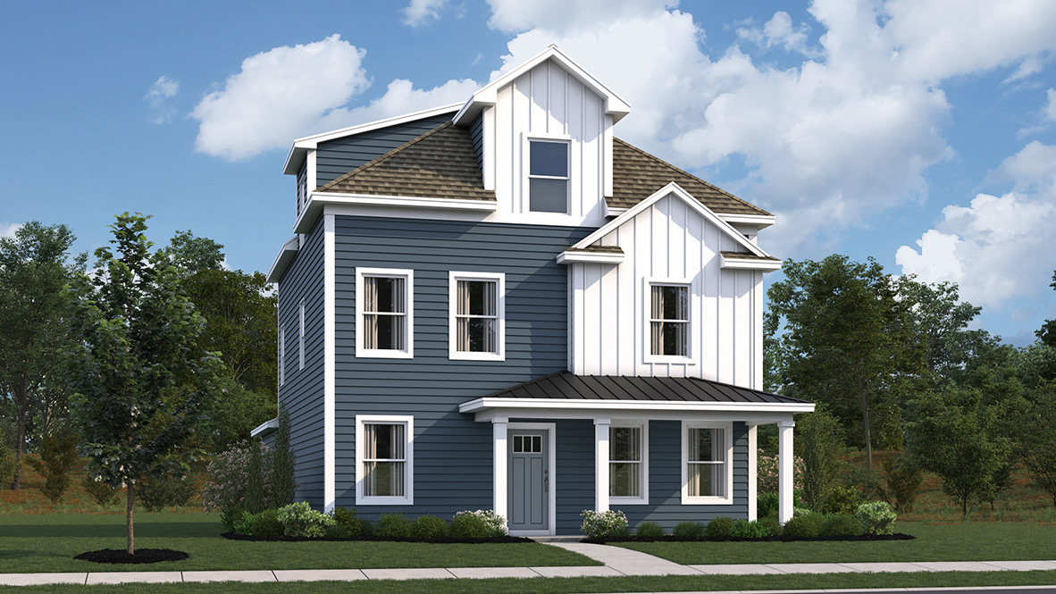 A rendering of a Verona home with blue siding and white accents.
