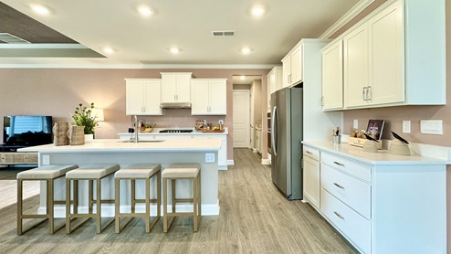There are classic kitchen cabinets in the gourmet kitchen.