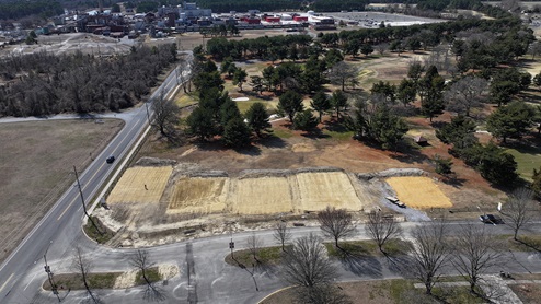 An aerial view of Hoopers Landing homesites.