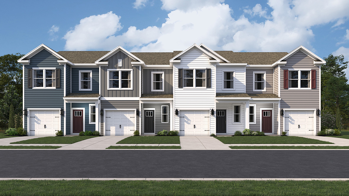 A rendering of a row of Delmar townhomes exteriors.