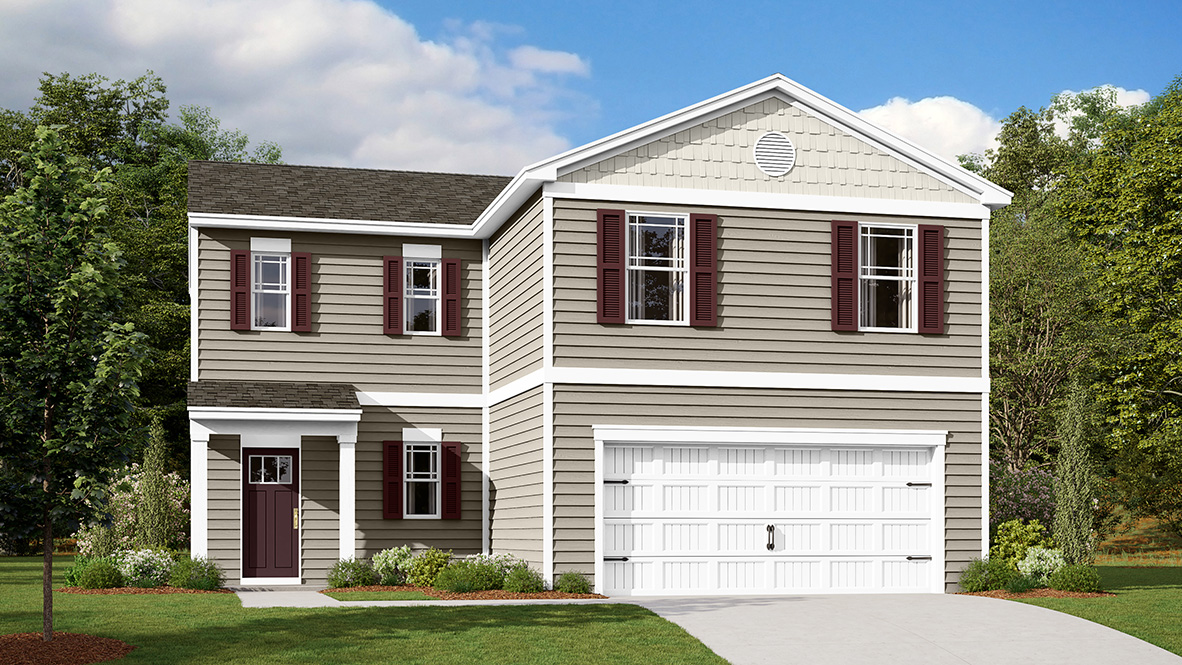 A rendering of a two-story Deerfield model with tan siding.