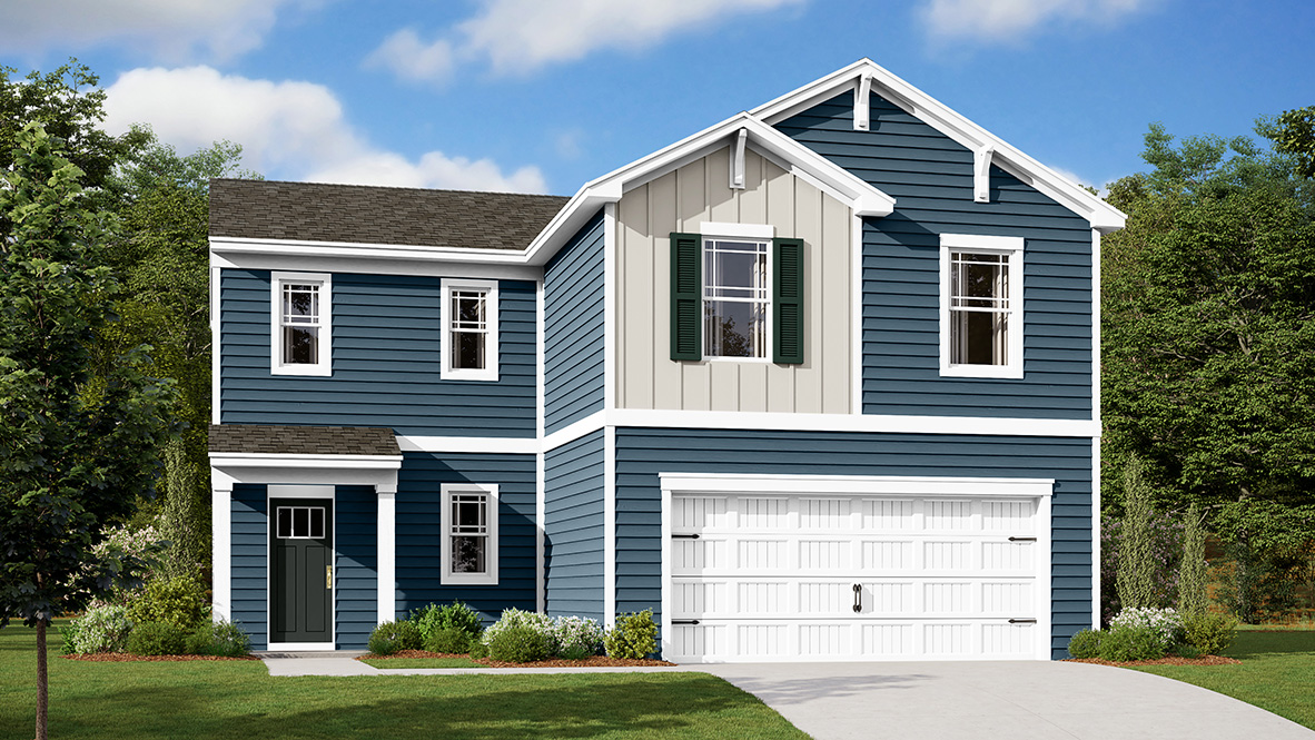 A rendering of a two-story Deerfield model with blue siding.