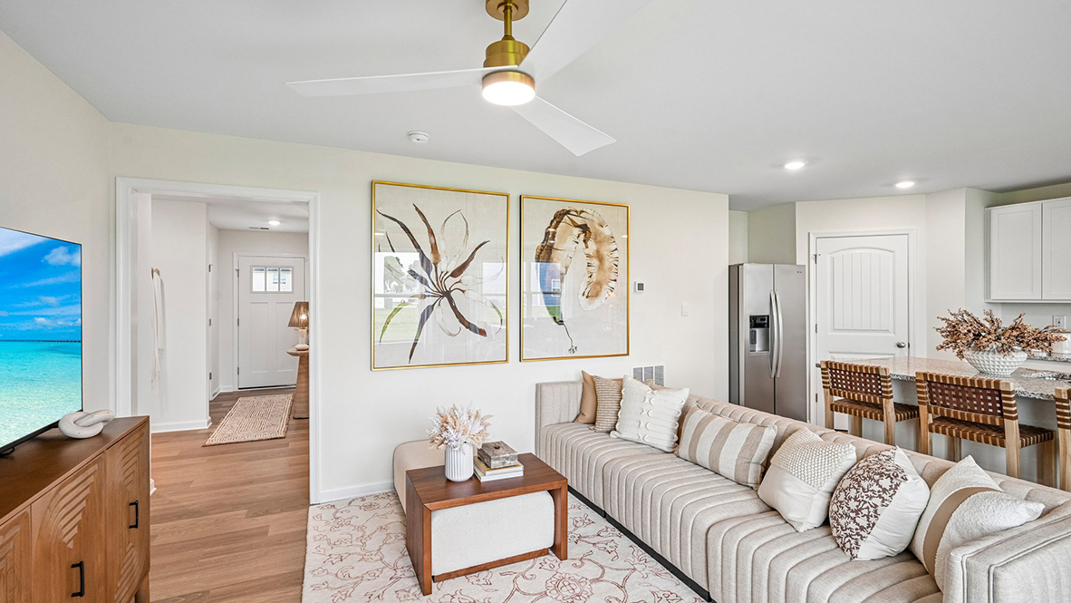 The open concept living room that flows nicely into the eat-in kitchen.