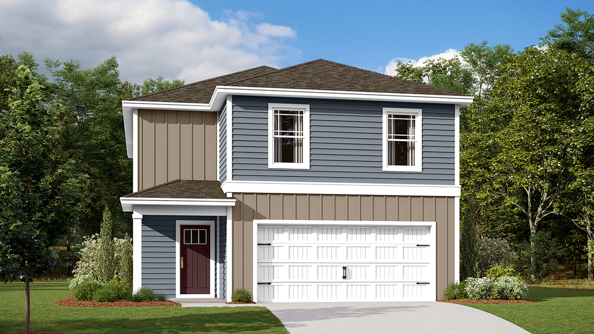 A rendering of a Pine two-story home with tan and blue siding.
