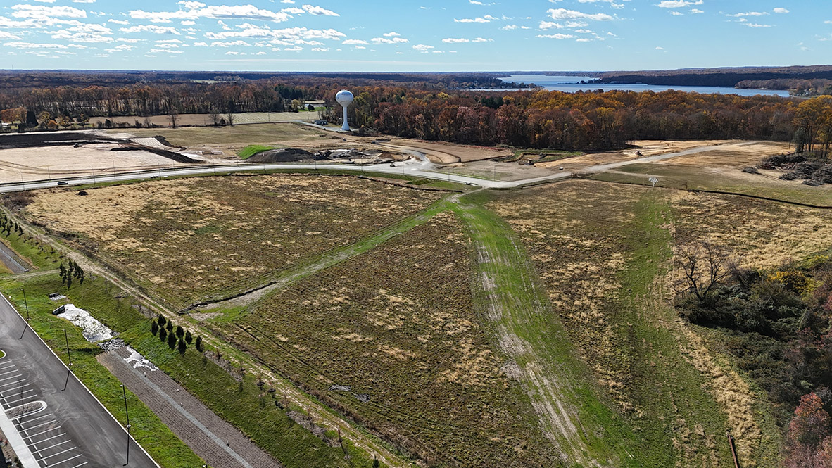 An aerial of the first phase of The Preserve at Southfields overlooking the Elk River.