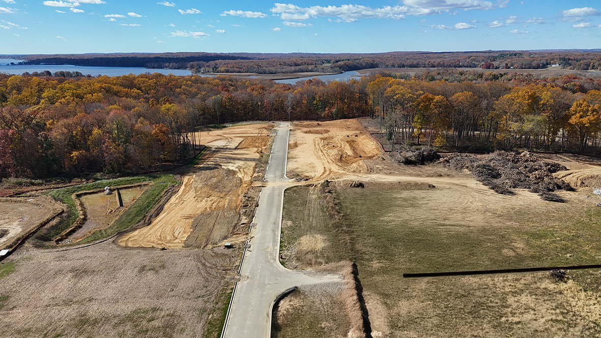 An aerial of the first phase of The Preserve at Southfields overlooking the Elk River.