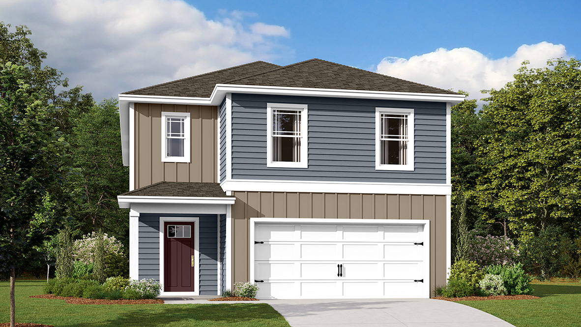 A rendering of an Elm home with tan and blue sidning.