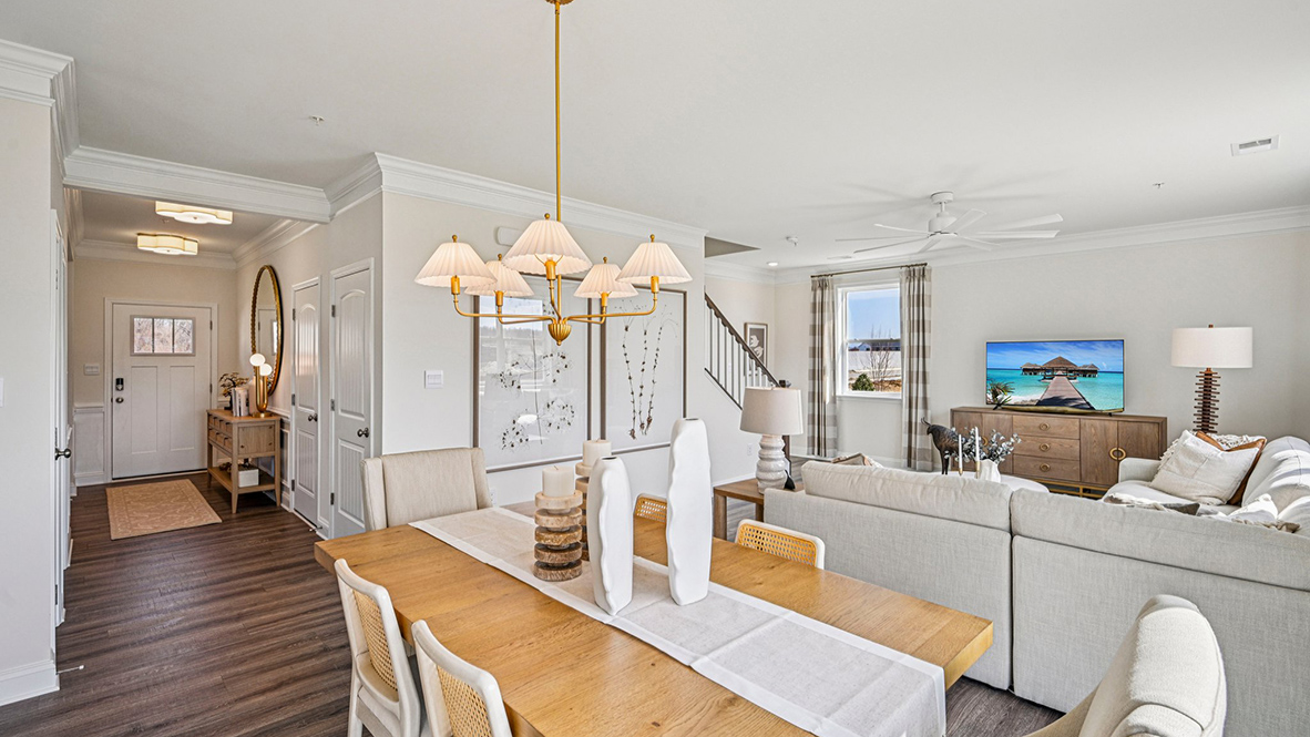 The kitchen flows seamlessly into the dining space and the sizeable great room.