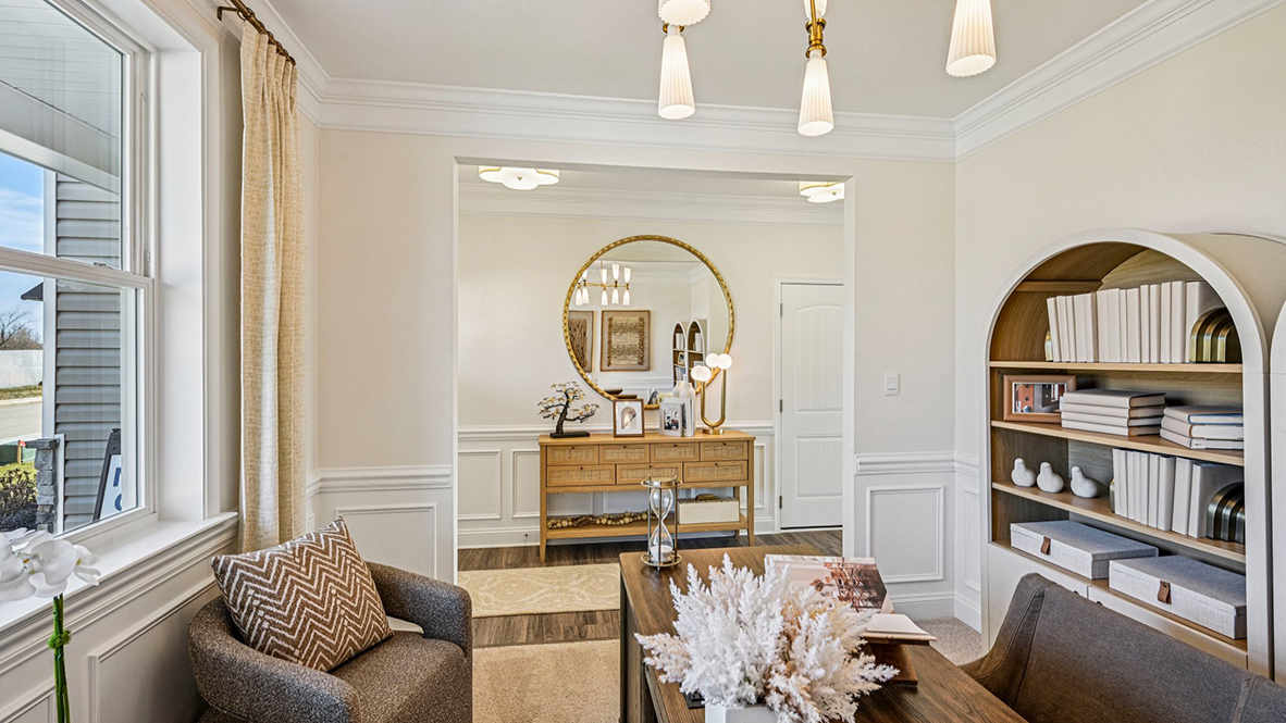 The functional flex room can be used as an office, playroom, or formal dining space.