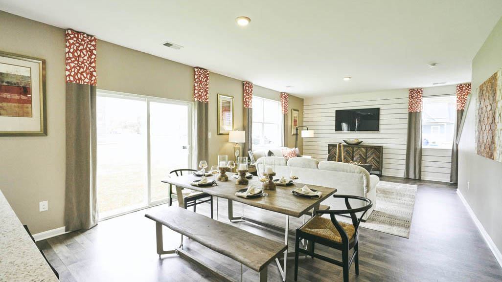 The kitchen flows seamlessly into the dining space and the sizeable great room.