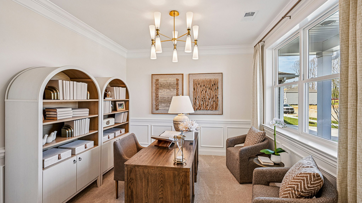 The functional flex room can be used as an office, playroom, or formal dining space.