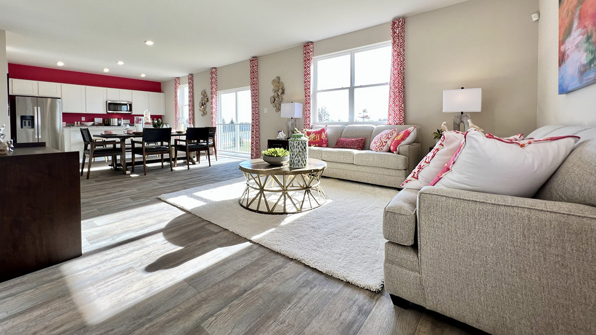 The Galen home has an open-concept living, dining and kitchen.