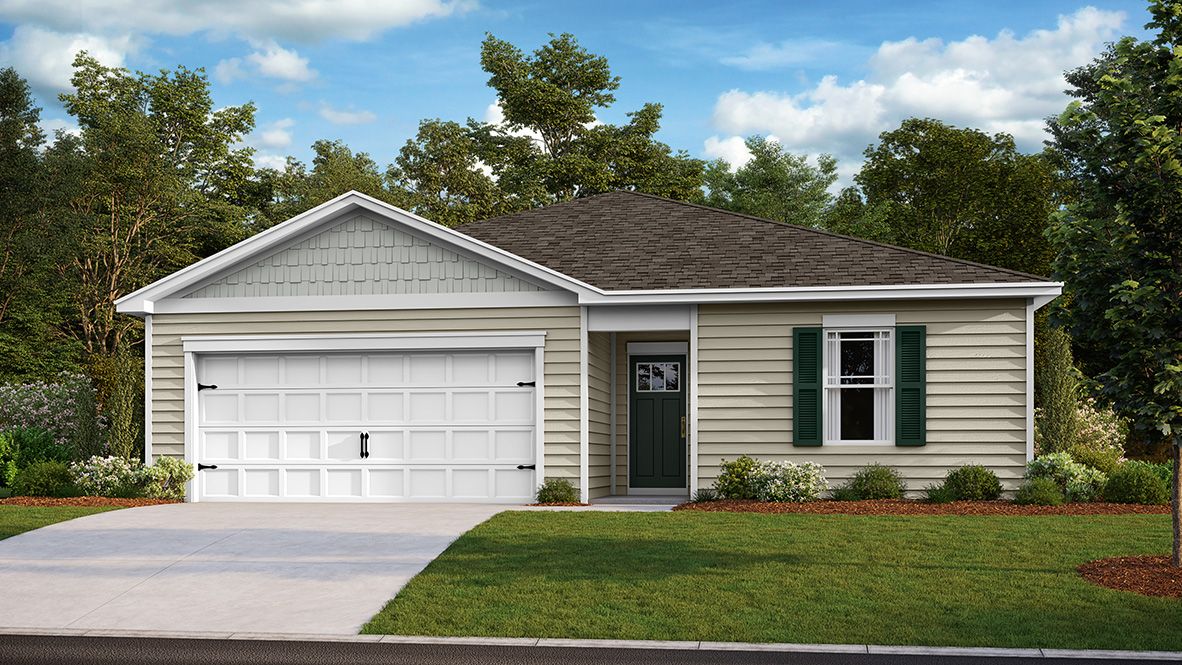 A rendering of a Neuville ranch home with tan siding.