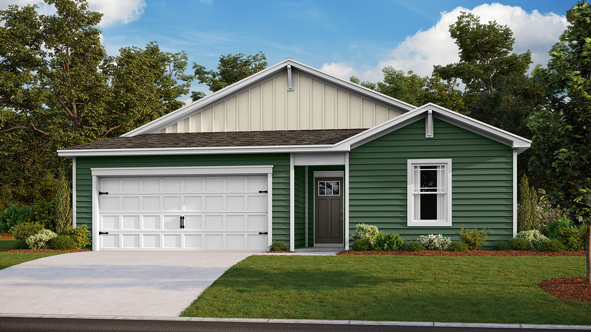 A rendering of a Neuville ranch home with green siding.