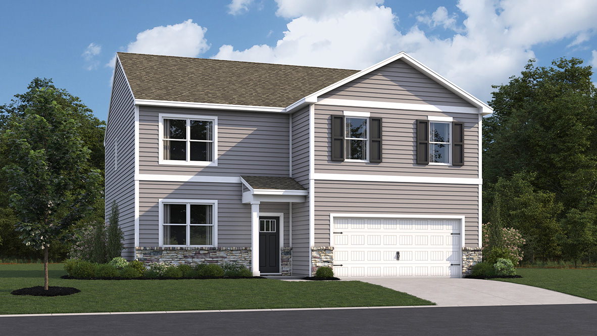 A rendering of a Henley two-story home with tan siding.