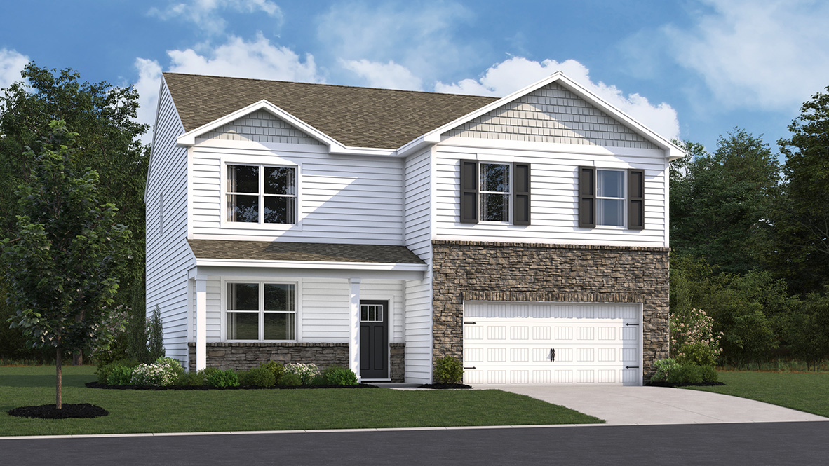 A rendering of a Henley two-story home with white siding.