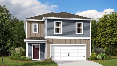 A rendering of a two-story Elm home with tan and blue siding.