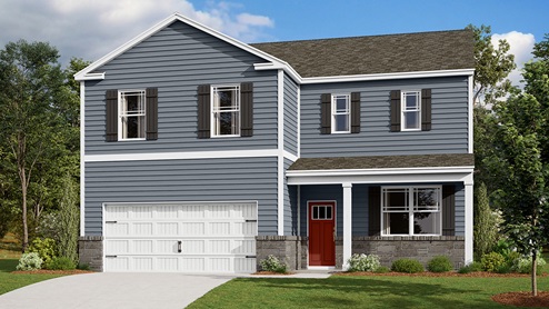 A rendering of a two-story Galen home with gray siding and black shutters.