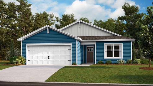A rendering of a ranch Lismore home with blue siding.