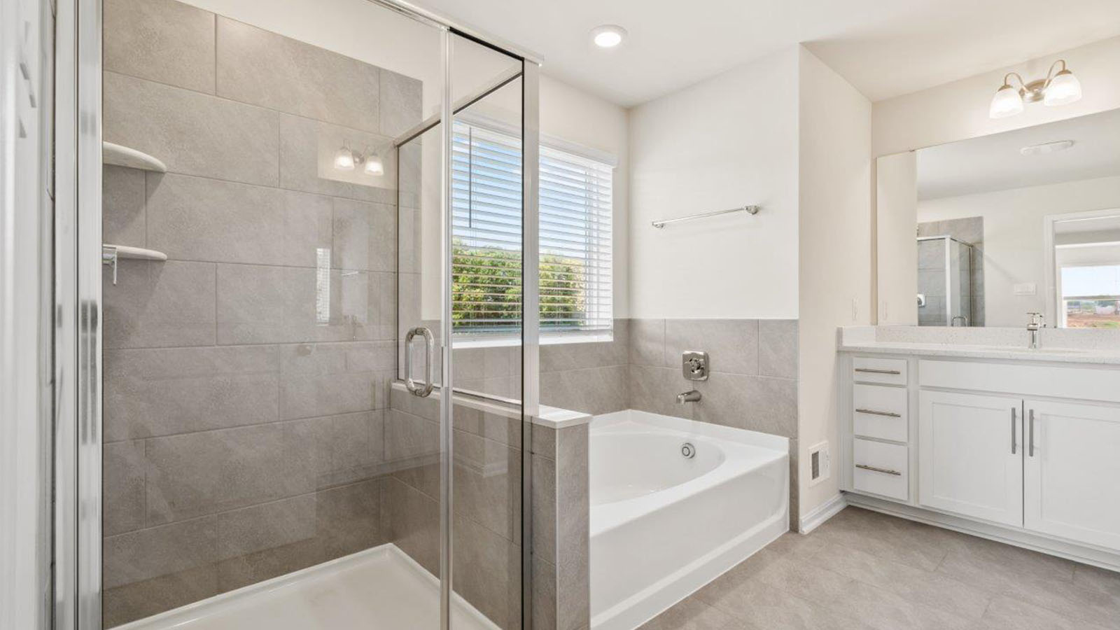 primary bathroom with standing glass shower