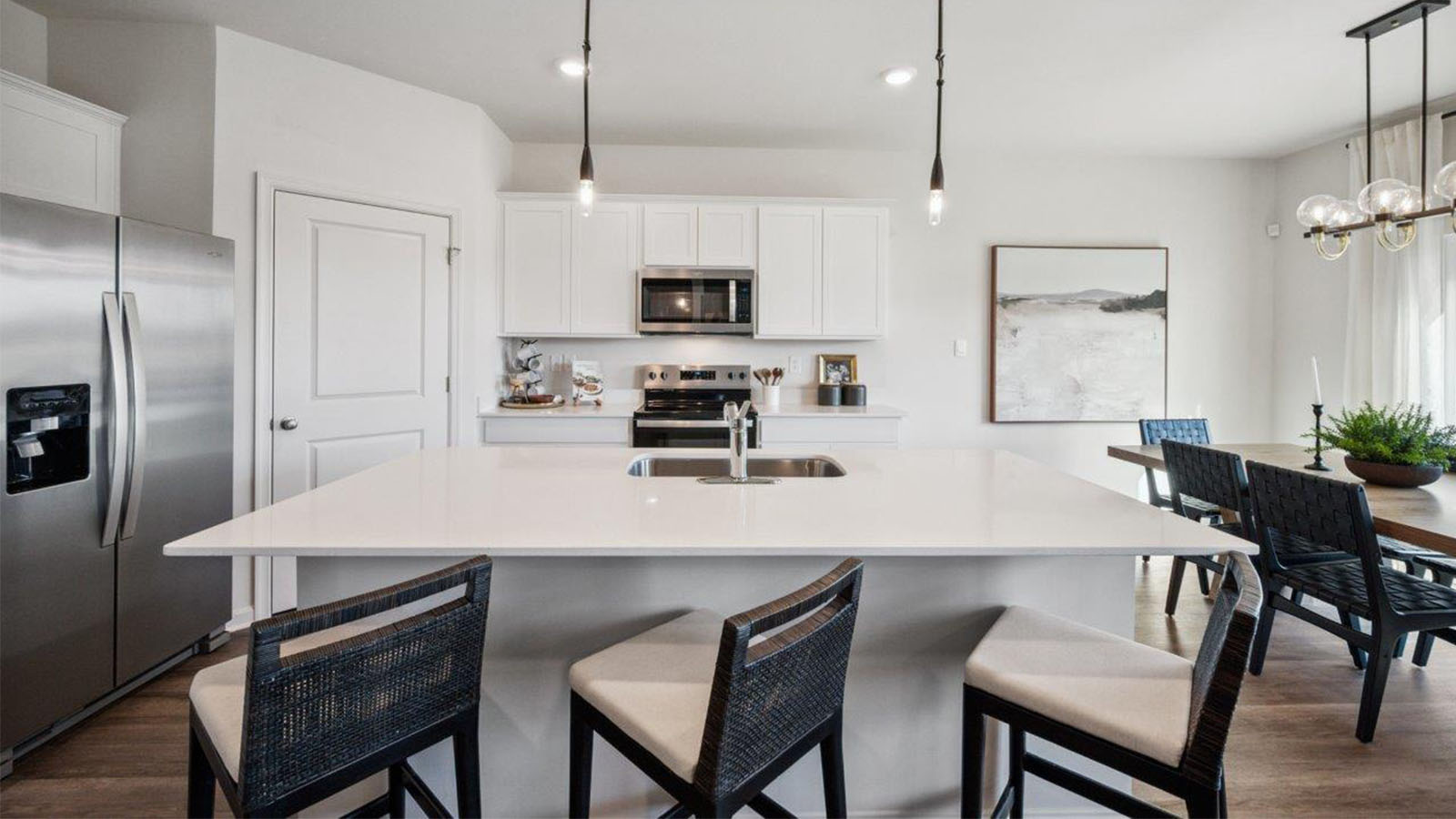 quartz island with seating and LED lights