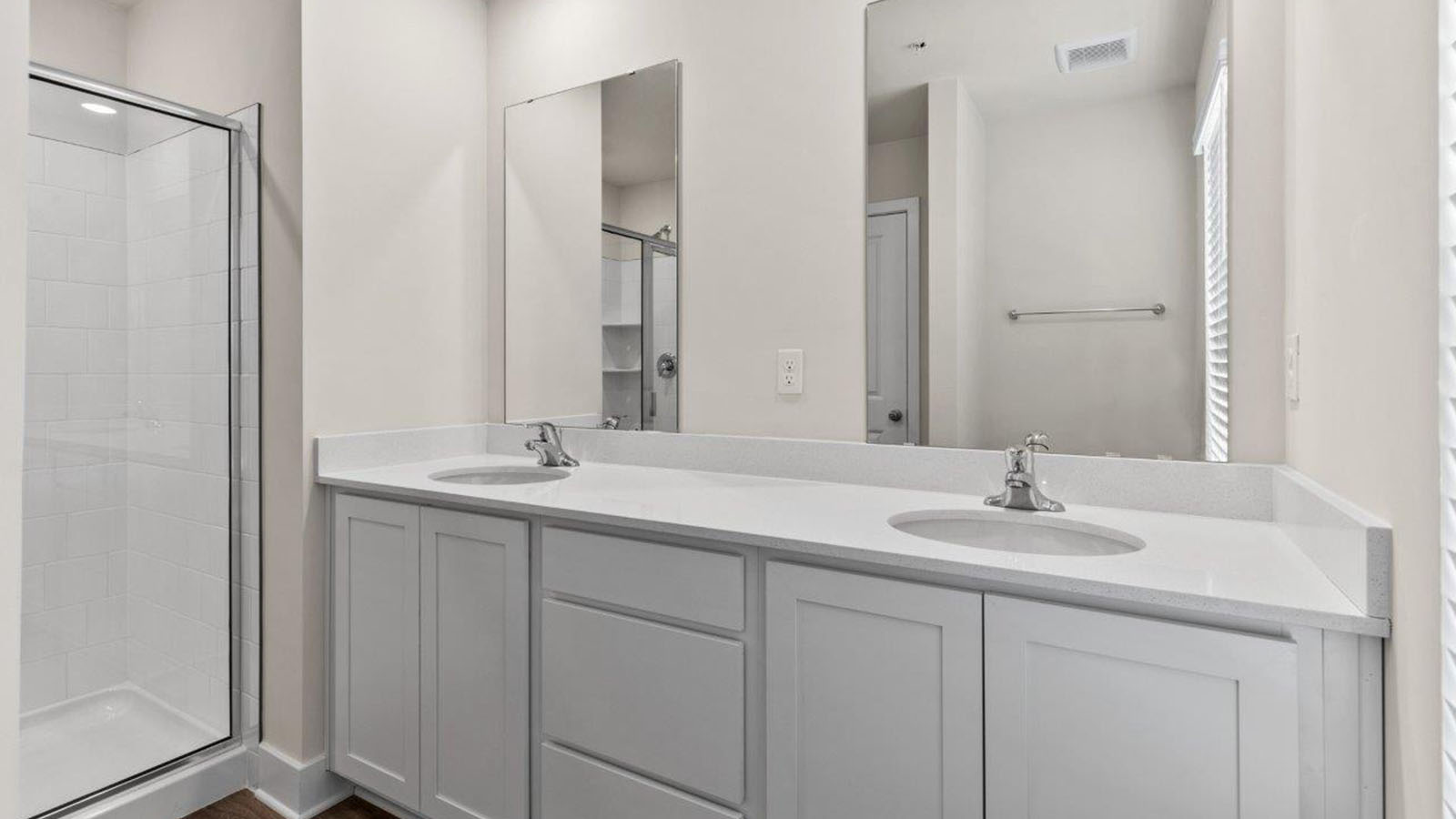 master bathroom shower and two sinks