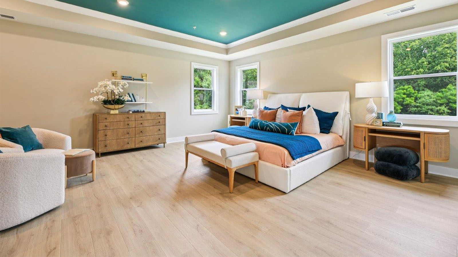 master bedroom with tray ceiling