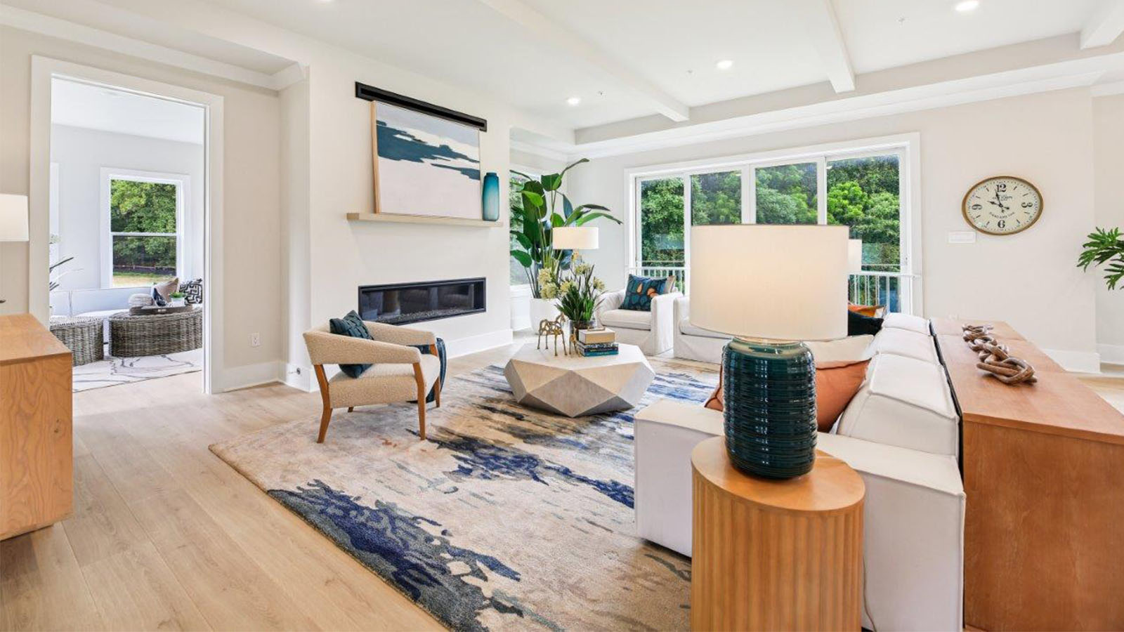 living room facing linear fireplace