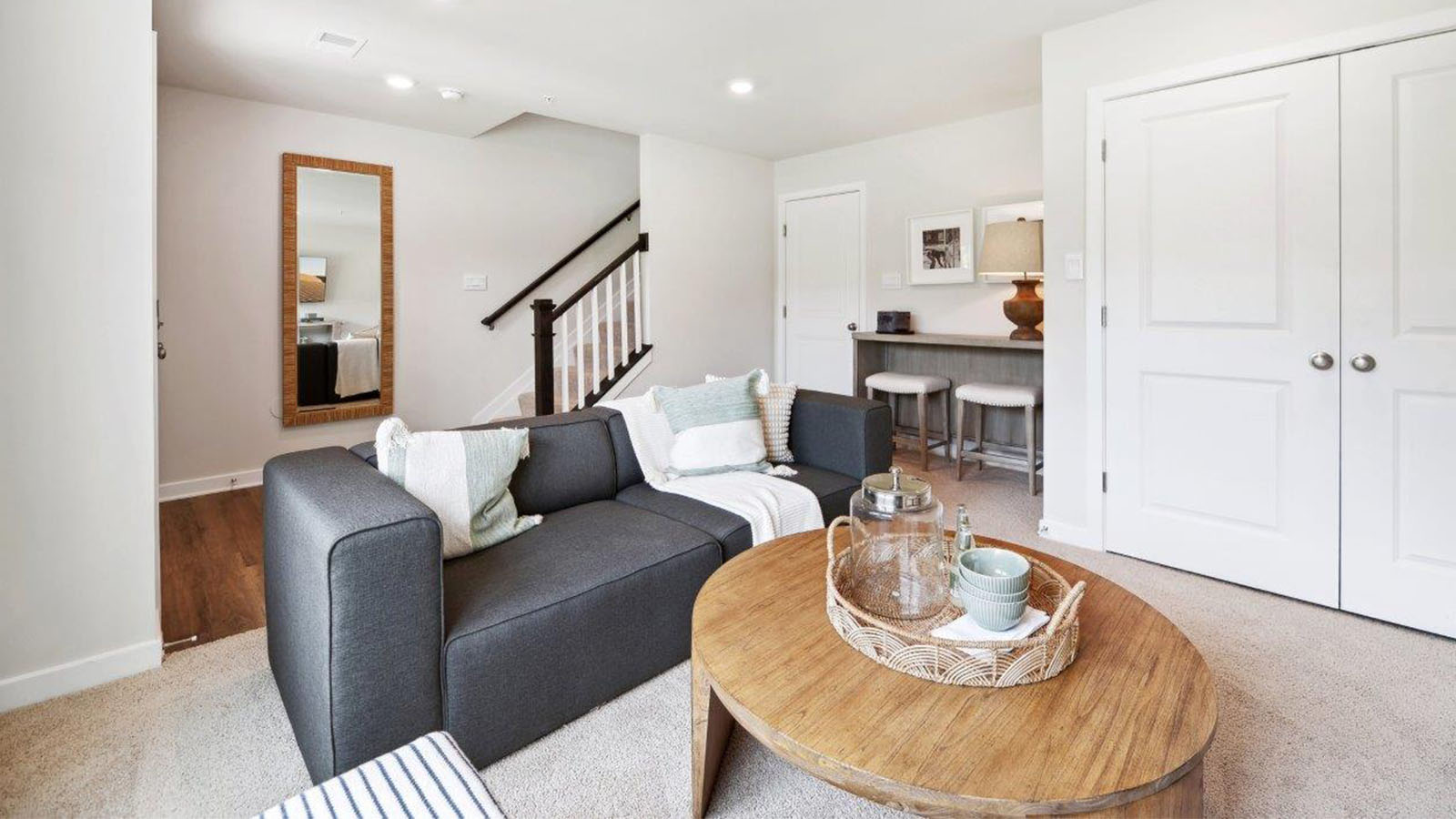 open concept lower level rec room