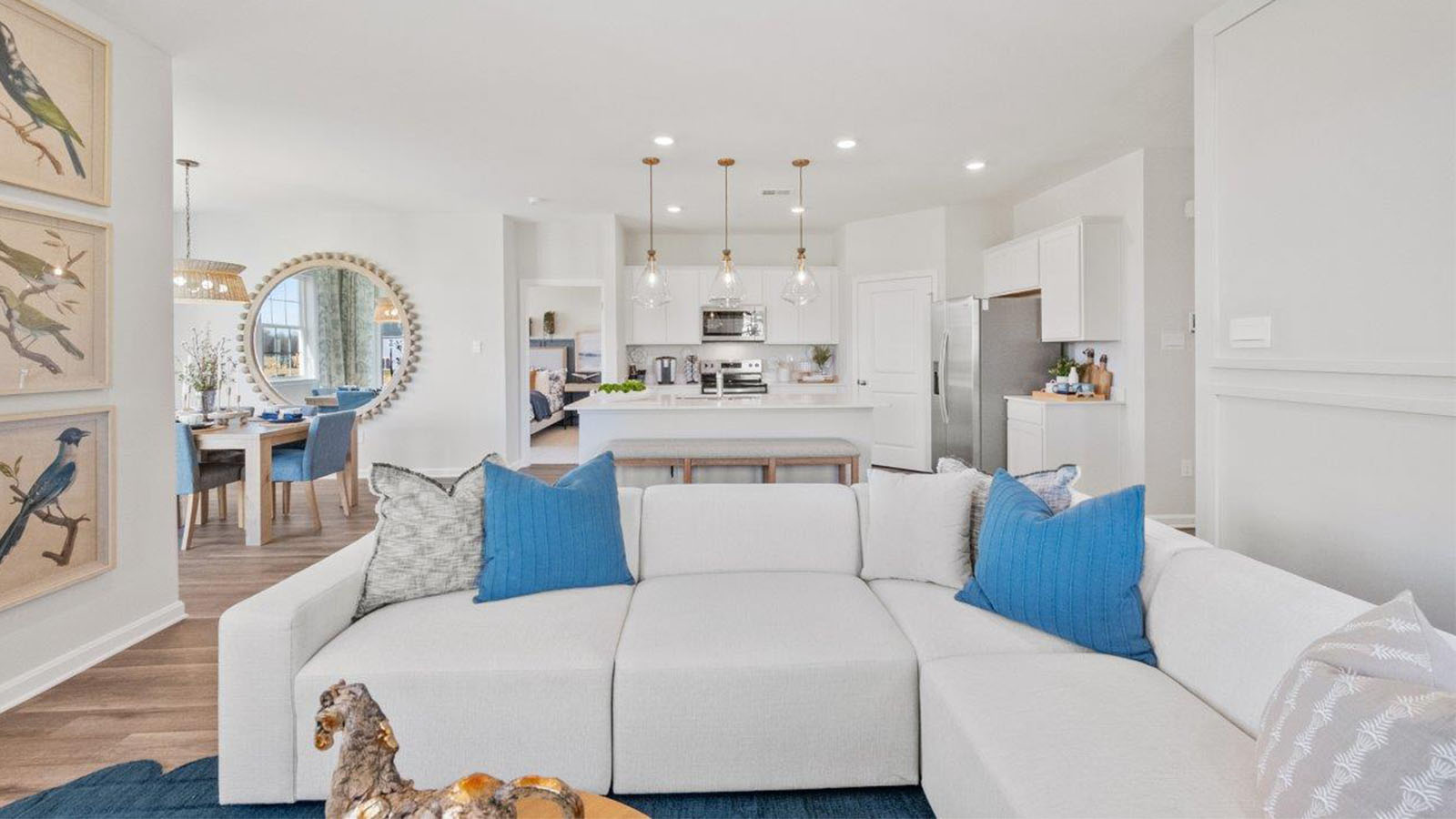 living room facing into kitchen