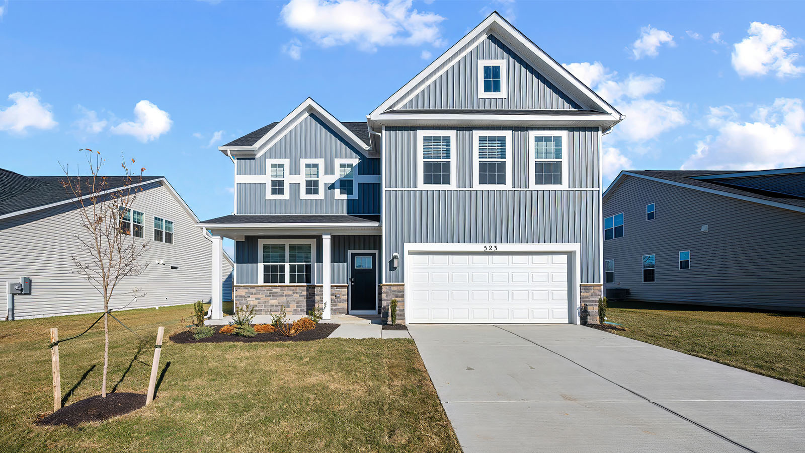 front elevation with two car garage