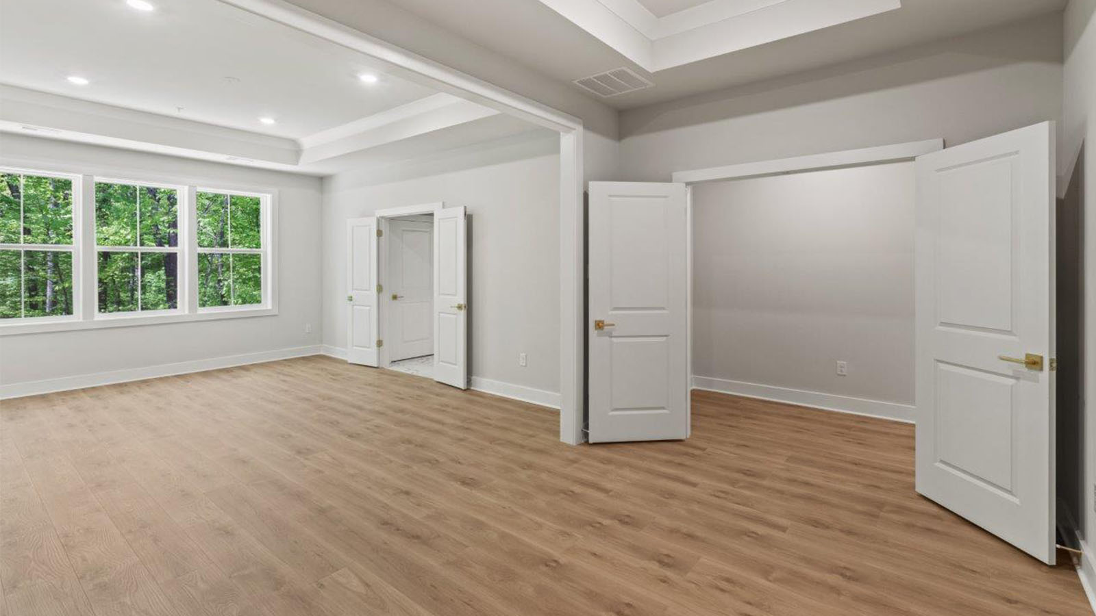 master bedroom hard surface flooring and tray ceiling