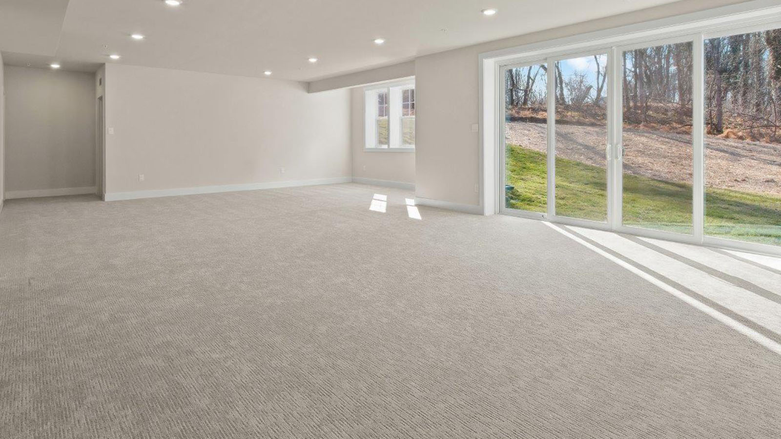 finished basement rec room with large windows and back door access