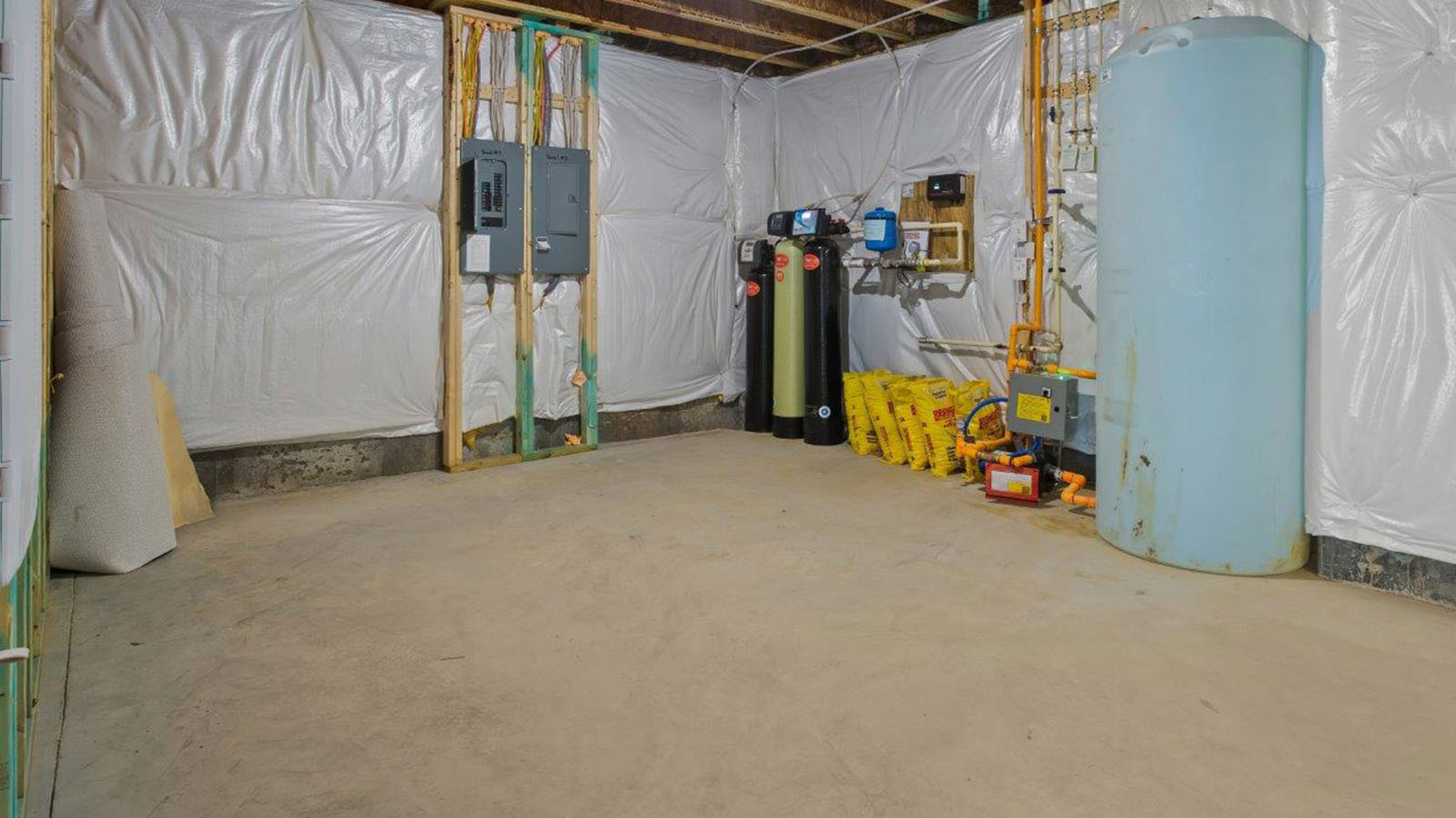 unfinished basement storage space
