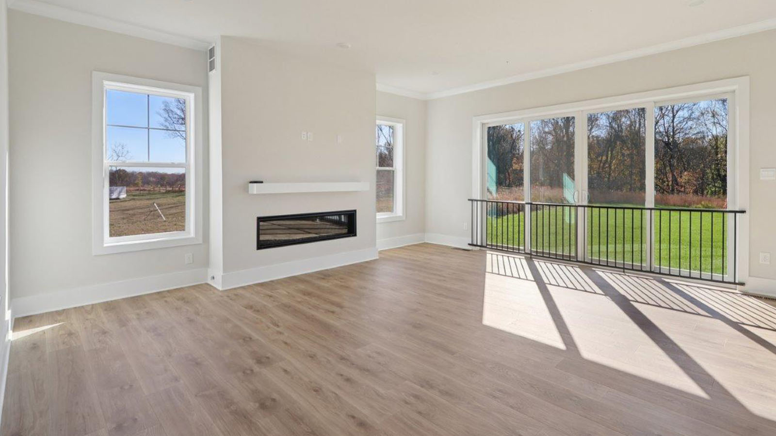 living space facing linear fireplace