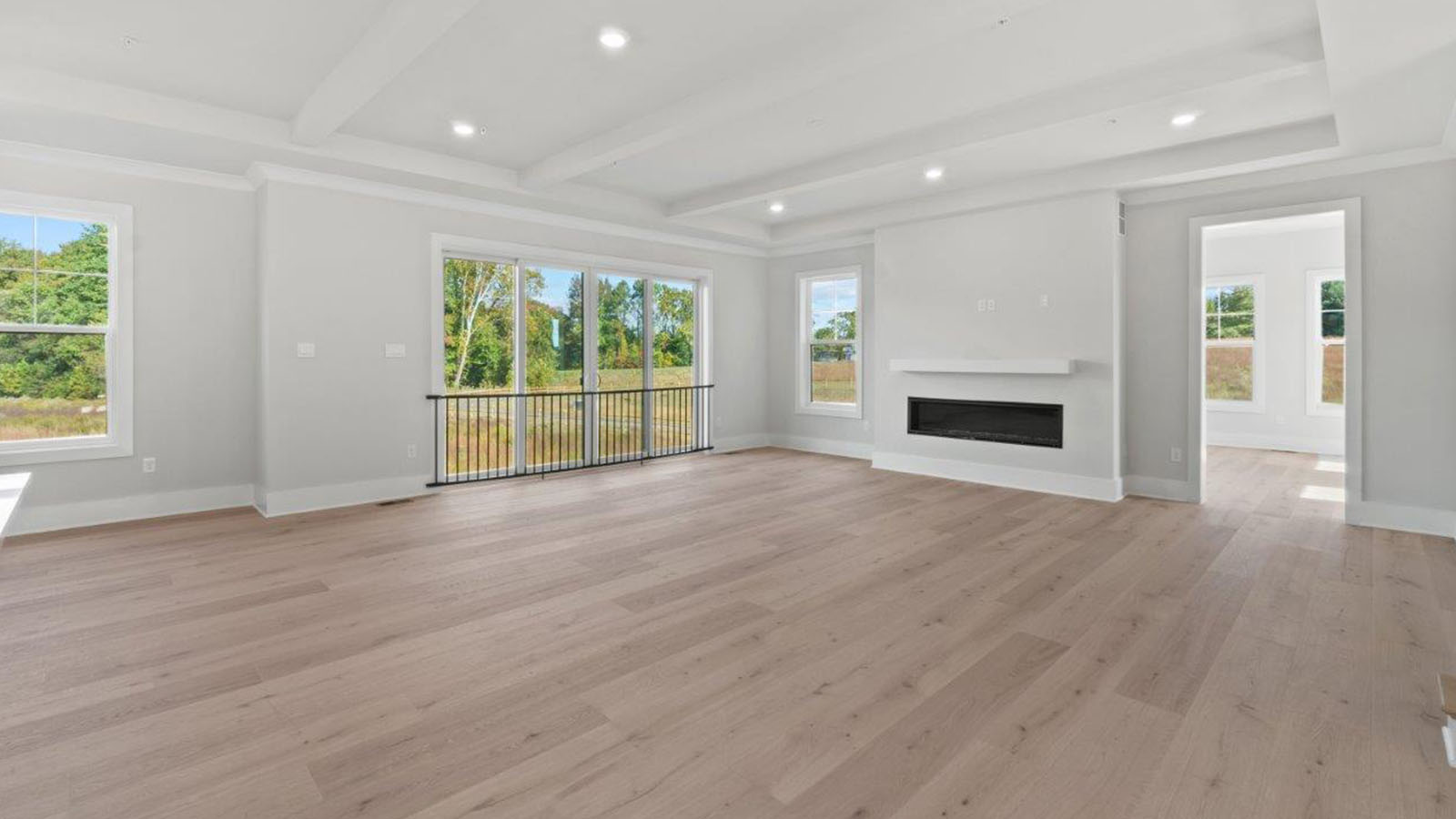 living room with linear fireplace