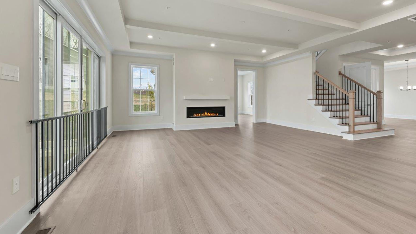 large living room facing linear fireplace