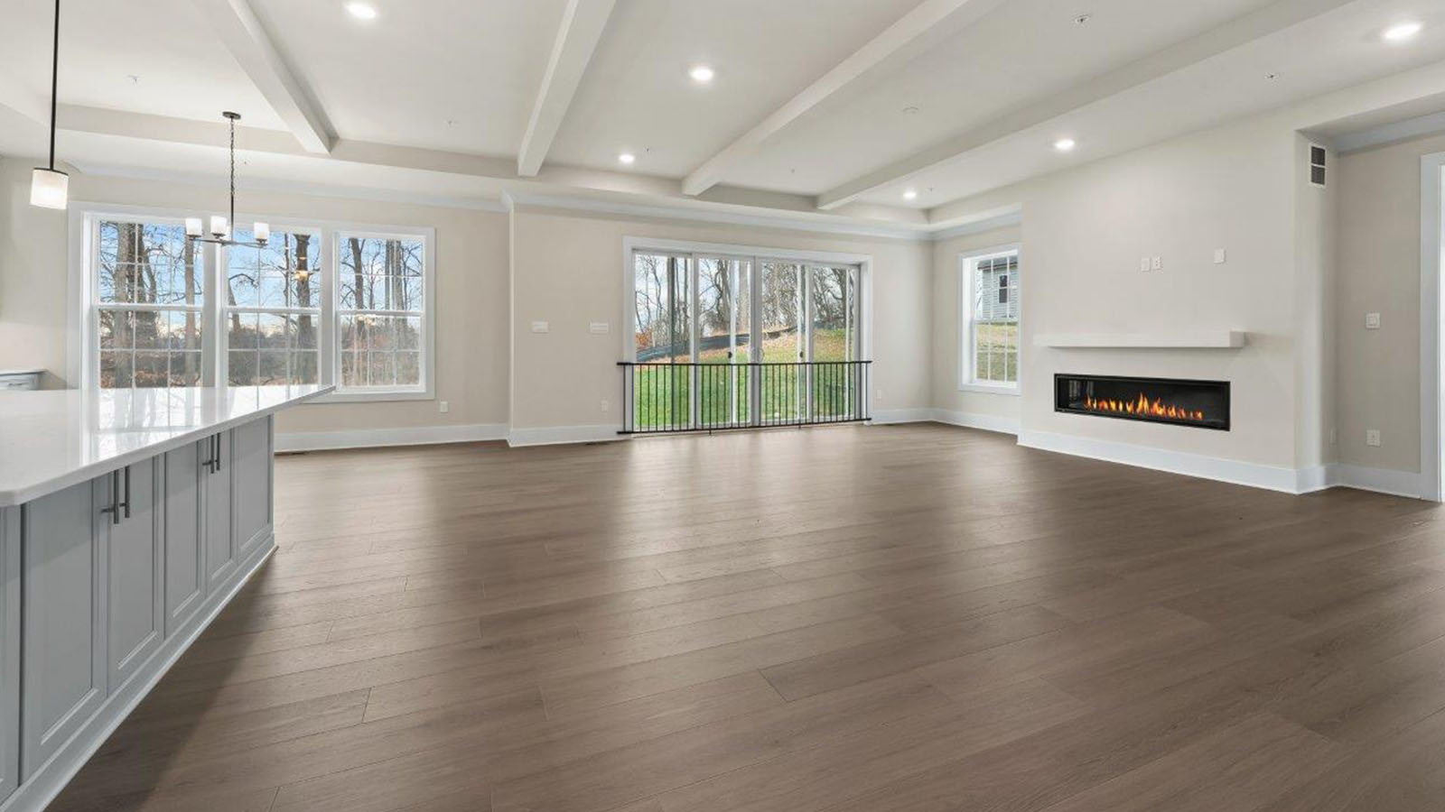 large living room facing linear fireplace