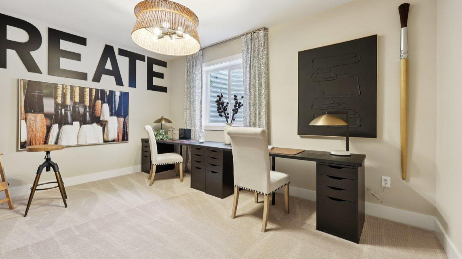 basement bedroom staged as study