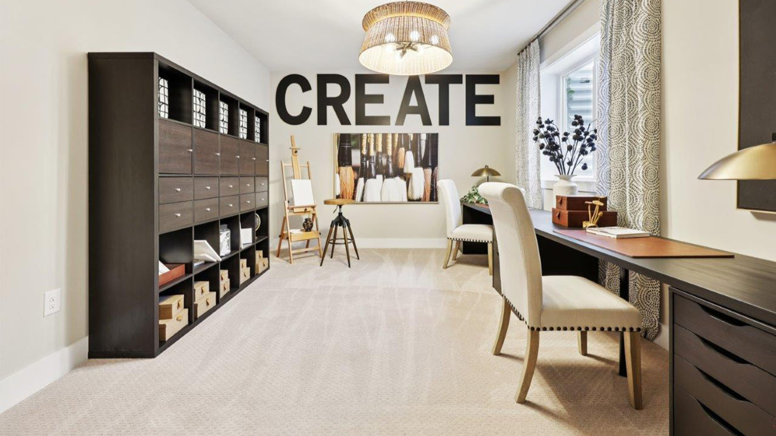 basement bedroom staged as study