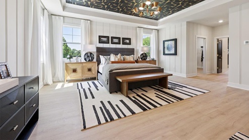master bedroom with tray ceiling