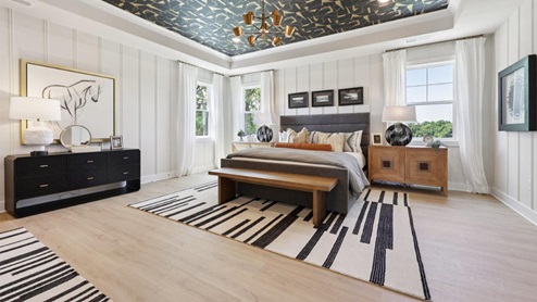 master bedroom with tray ceiling