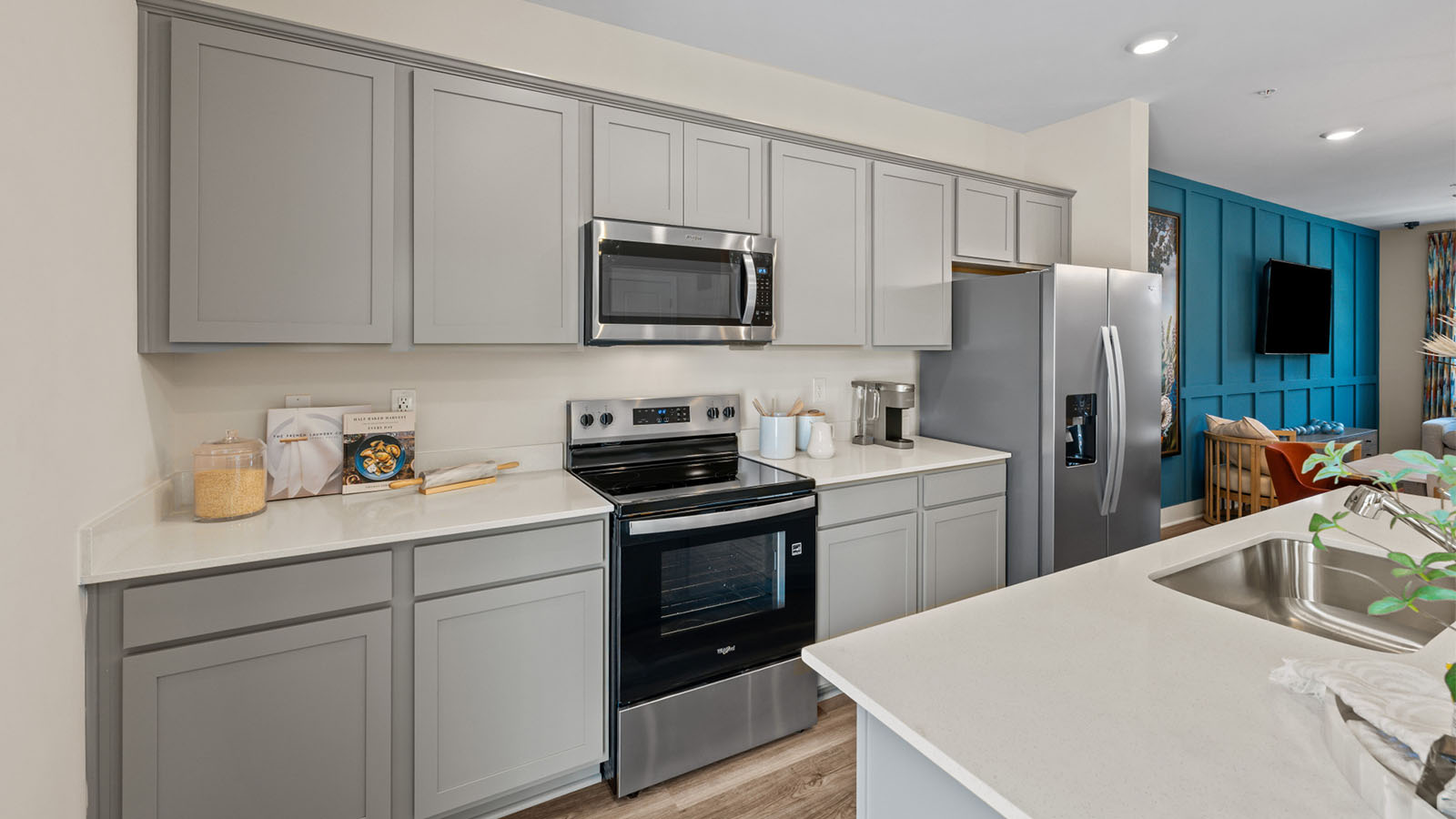 grey shaker cabinets and quartz counters