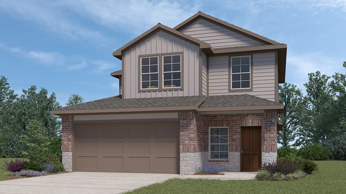 Two story home with covered porch, brick and stucco front exterior and two car garage.