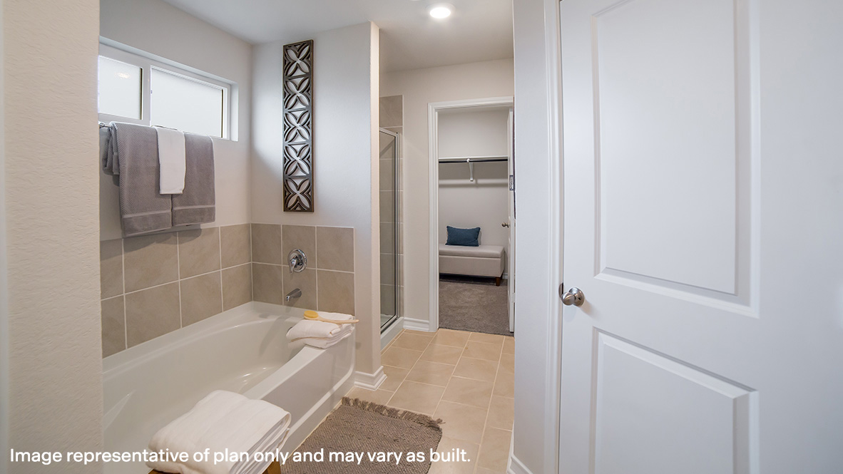 Primary ensuite bathroom with garden tub, walk in shower and walk in closet.