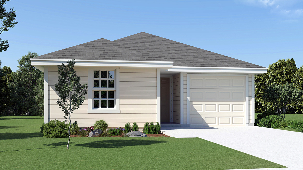 DR Horton San Antonio Redbird Ranch the prue floor plan 1186 square feet elevation a all siding exterior with 1 car garage
