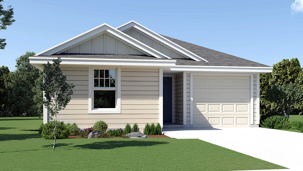 DR Horton San Antonio Redbird Ranch the prue floor plan 1186 square feet elevation b all siding exterior with 1 car garage