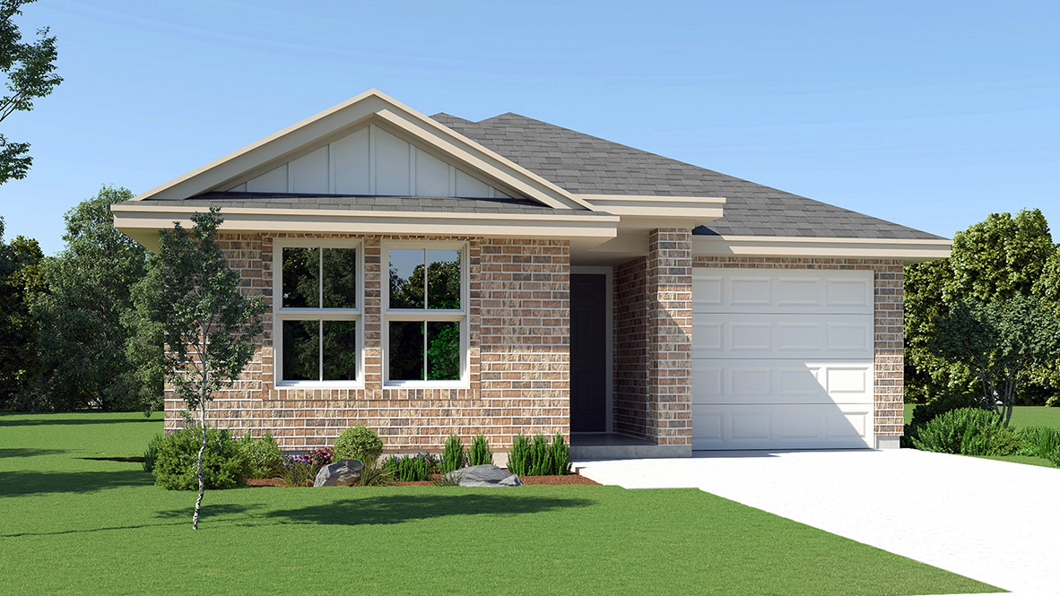 DR Horton San Antonio Redbird Ranch the prue floor plan 1186 square feet elevation d brick front exterior with 1 car garage