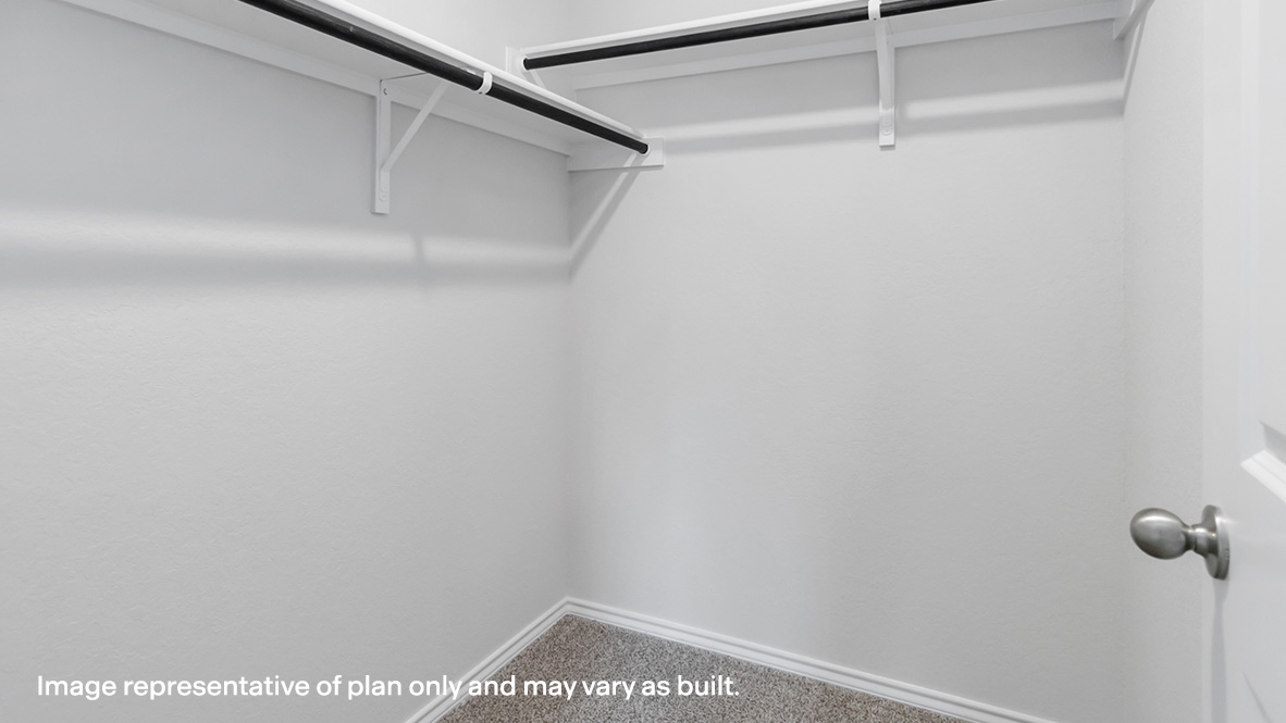 Primary ensuite walk-in closet with quality carpet flooring and built-in shelving.